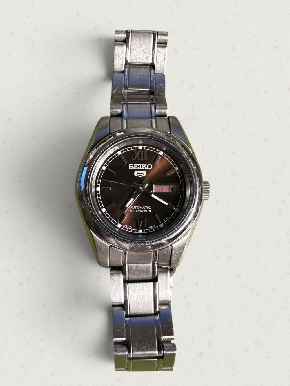 Vintage Seiko 5 21 Jewels Brown Silver Ladies Automatic Watch Day Date 4207-00X0